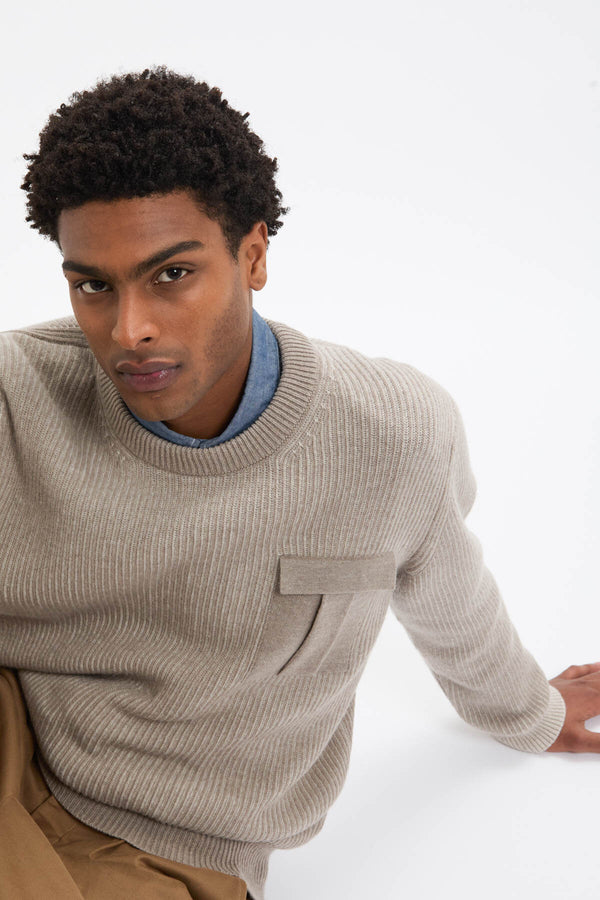 CREWNECK POCKET CONTRAST RIB JUMPER